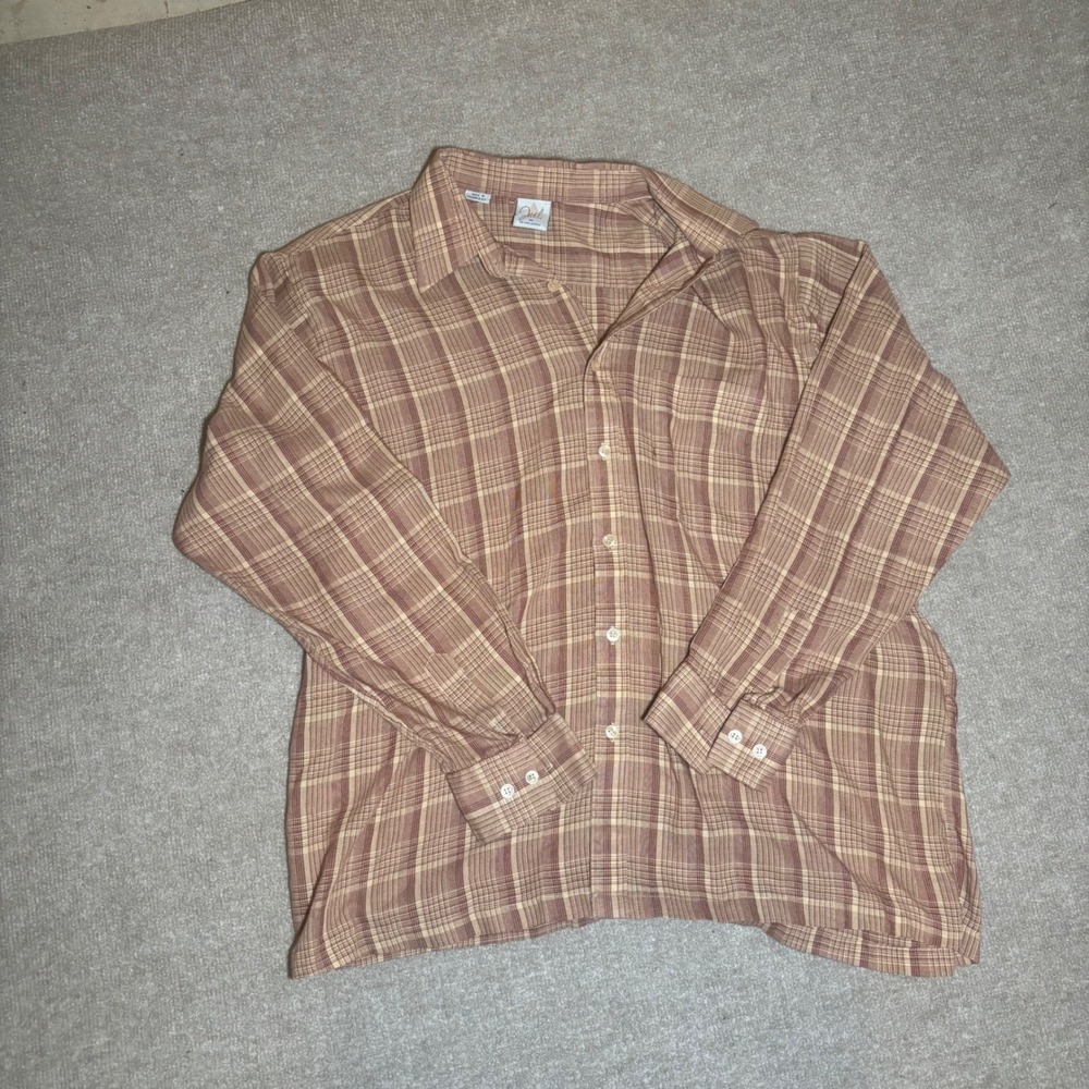 Vintage Joel Profiles Mens XL Plaid Button Up Shirt Brown Tan Long Sleeve L/S